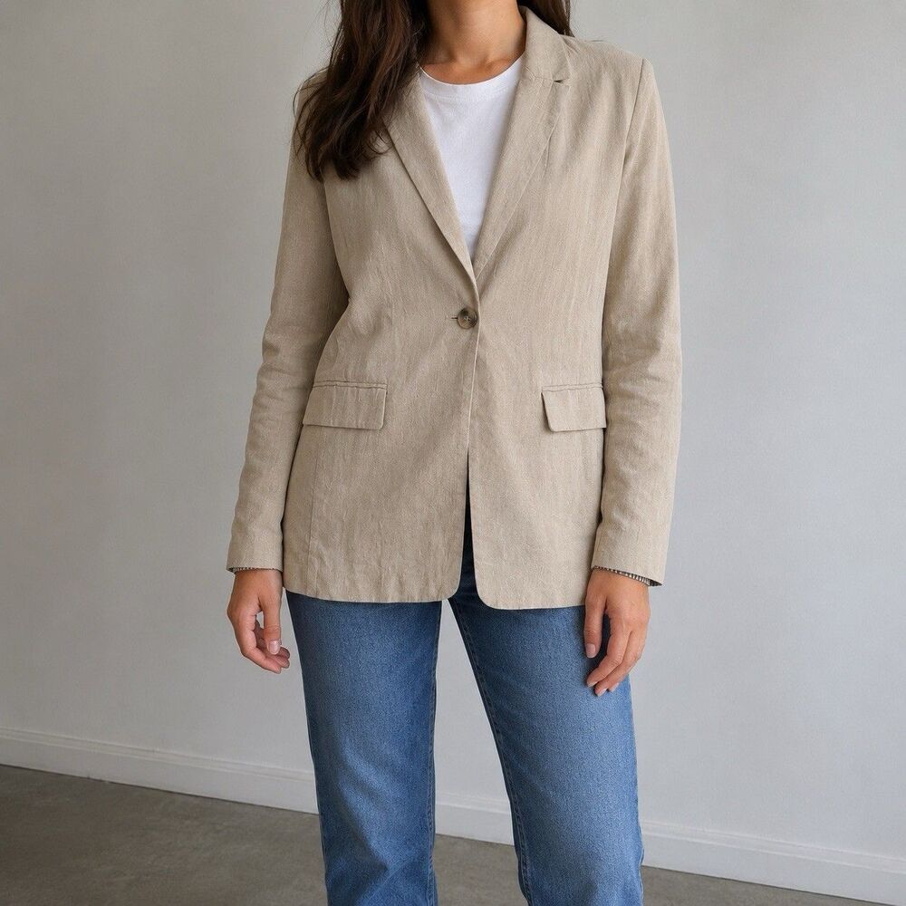NWT Free People Prep School Blazer Women M Birch Linen Blend Lined Jacket
